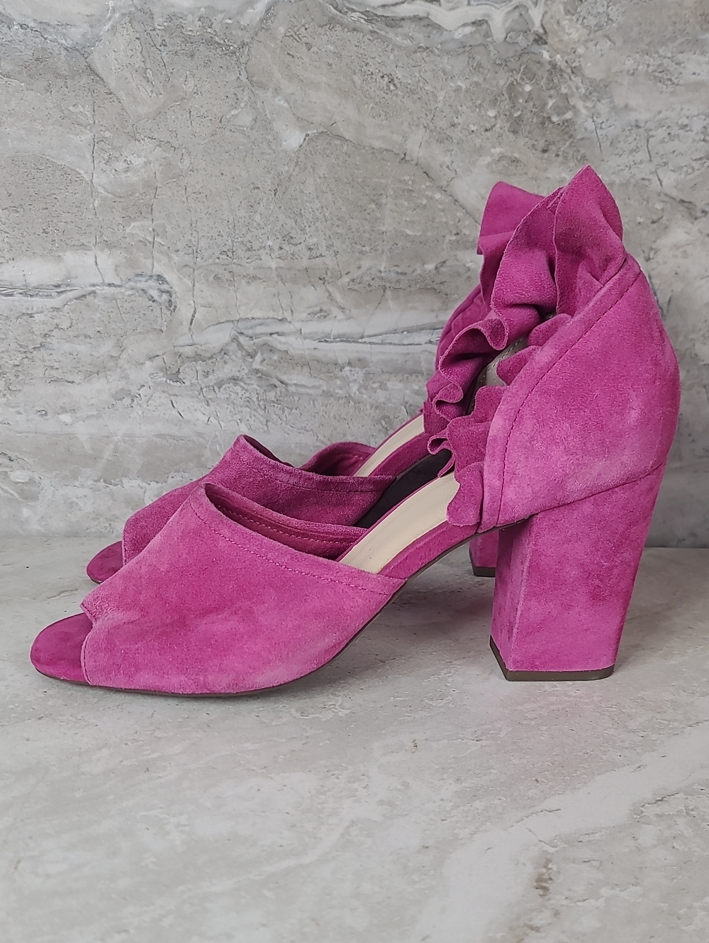 Seychelles TROPICAL Liendo Pink Suede Open-Toe Ruffle Block Heel Sandals 10 - Picture 5 of 13